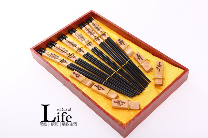 顶级礼品寿星公图案黑色木雕筷子家用木属工艺雕刻筷配礼盒（6双/套）D6-0081