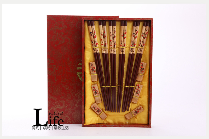 顶级礼品梅花图案深棕色木雕筷子家用木属工艺雕刻筷配礼盒（6双/套）D6-0021
