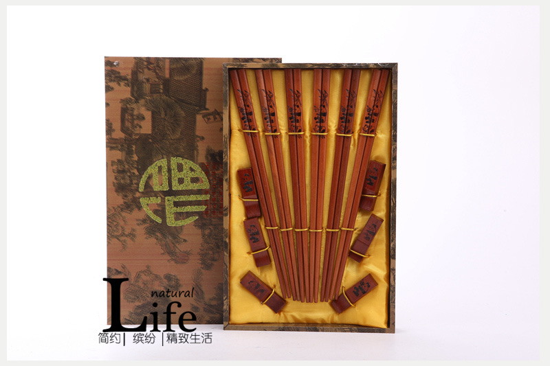 顶级礼品竹叶熊猫图案木色木雕筷子家用木属工艺雕刻筷配礼盒（6双/套）D6-0101
