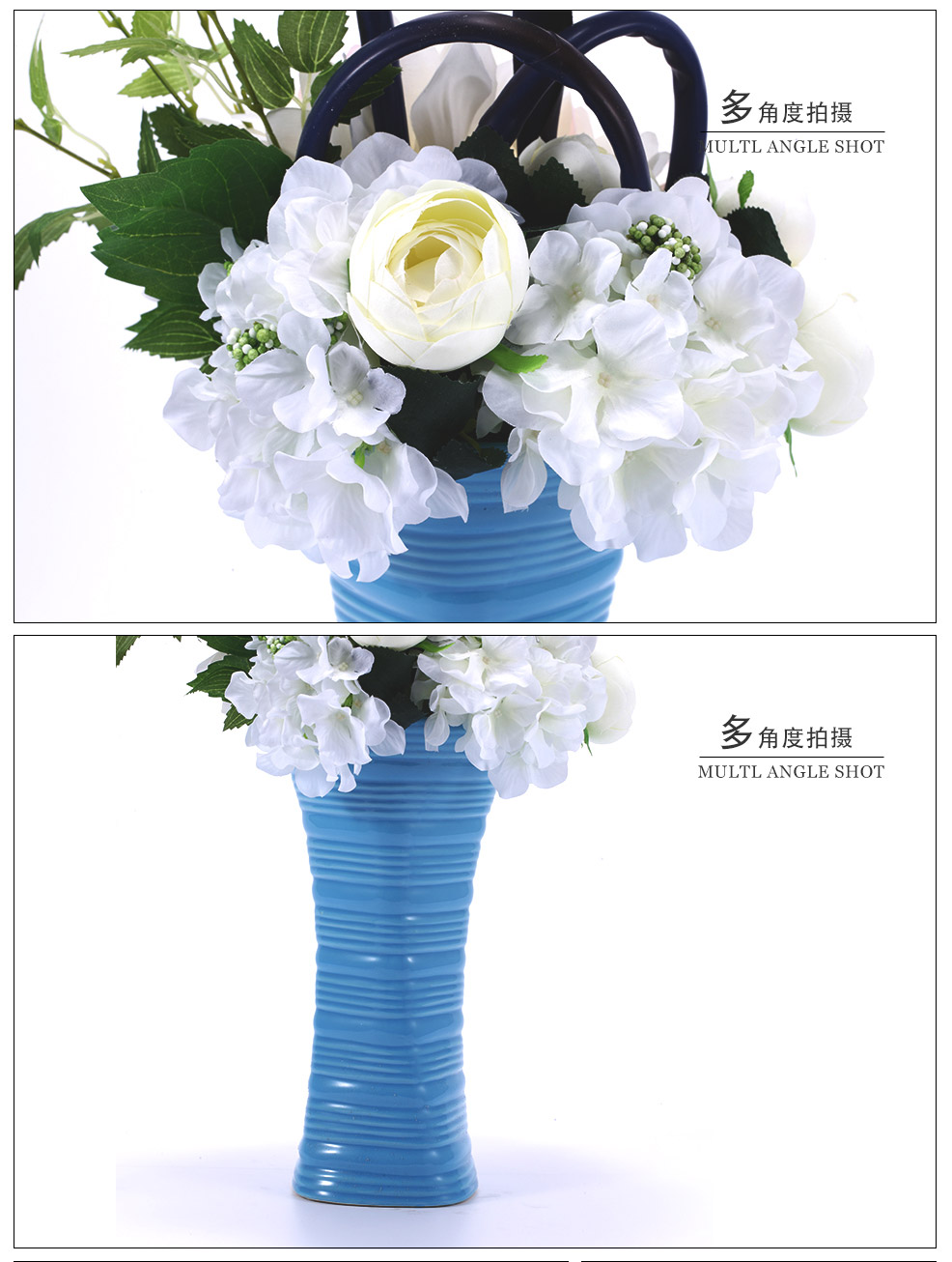 地中海风格蓝色花瓶白色兰花混式仿真花艺XL-1010-0143