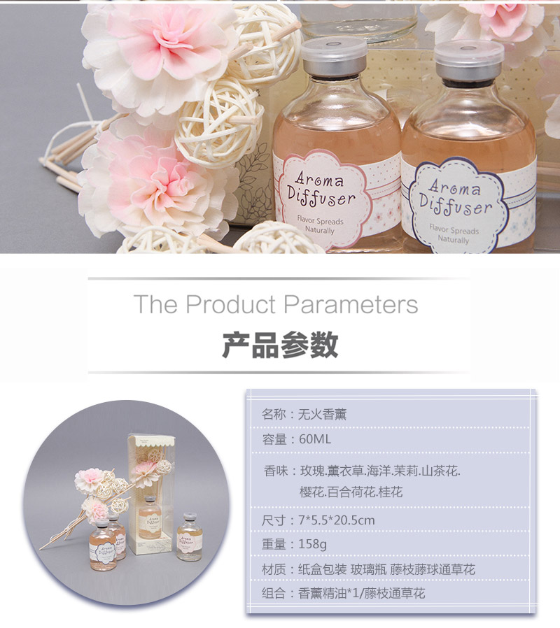 优雅磨砂玻璃瓶装天然无火香薰补充液 室内熏香精油套装F-015