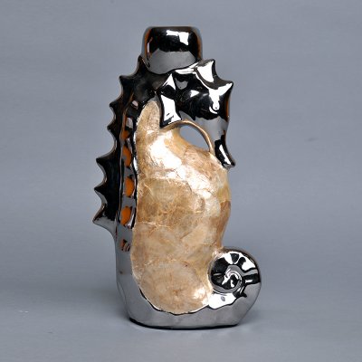 简约陶瓷贴贝壳造型摆件 创意黄银色海马造型花瓶 创意家居摆设软装饰品PV8739-11.8-1109