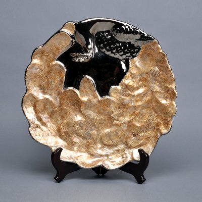 简约陶瓷贴贝壳摆件 黄银贝壳艺术孔雀盘造型摆件 创意家居摆设工艺品PV9245-12.6-1247