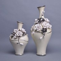 中式时尚雕花陶瓷花瓶摆件 创意雕花杂花土黄+银大肚高瓶装饰瓶 创意家居摆设软装饰花瓶63803-12