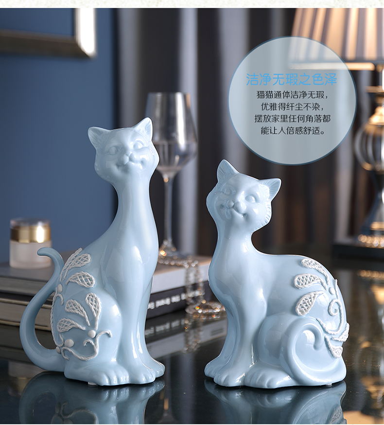 现代简约风格陶瓷蓝色猫猫情侣摆件书房儿童房卧室装饰T001（套装）3