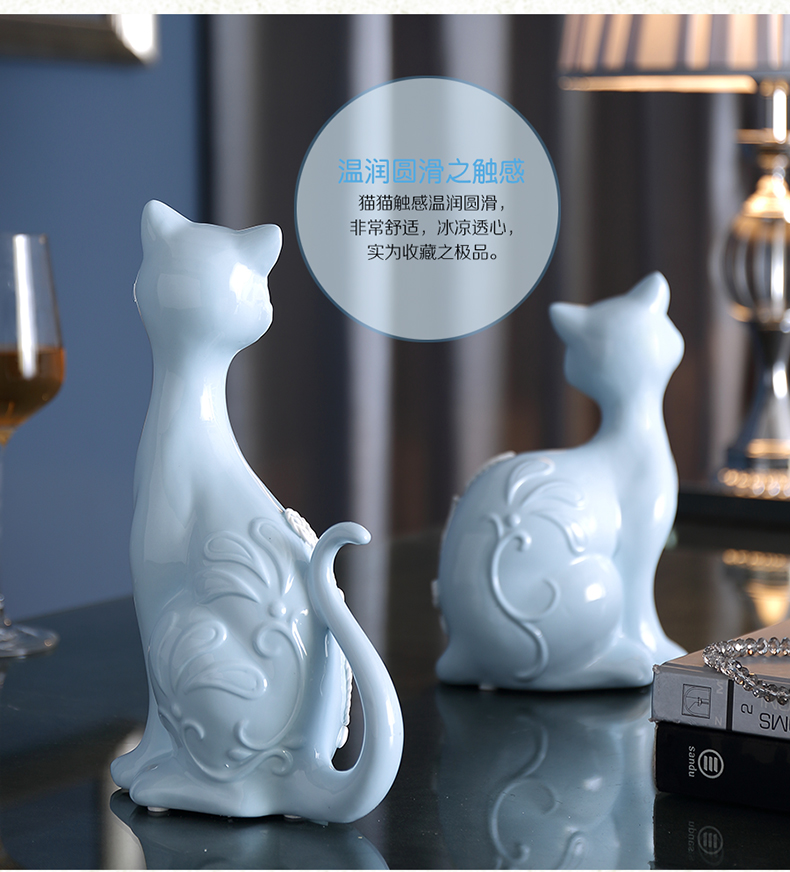 现代简约风格陶瓷蓝色猫猫情侣摆件书房儿童房卧室装饰T001（套装）2