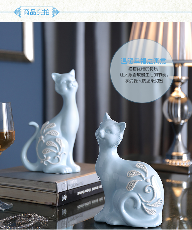 现代简约风格陶瓷蓝色猫猫情侣摆件书房儿童房卧室装饰T001（套装）1
