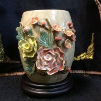 中式田园风格手工制6寸小陶瓷花瓶家居装饰（带底座）