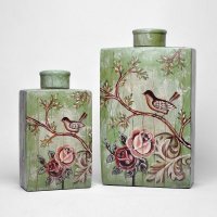 现代时尚客厅家居饰品花卉小鸟图案带盖装饰瓶陶瓷储物罐工艺品摆件WW-12104L/S
