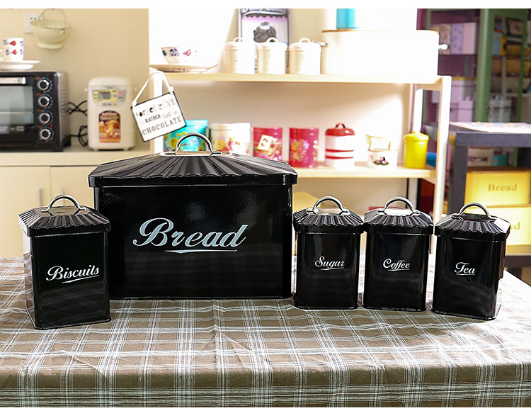 开利 欧式铁制黑色储物罐收纳箱收纳罐茶叶罐咖啡罐面包箱五件套8