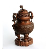 中式简约铜制带底座螭龙耳云福纹薰炉造型摆件家居装饰摆件卧室摆件客厅摆件