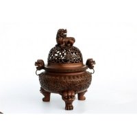 中式简约铜制缠枝莲纹狮子炉造型摆件家居装饰摆件卧室摆件客厅摆件