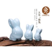 中式传统工艺青釉大耳萌兔摆件动物摆件家居装饰摆件