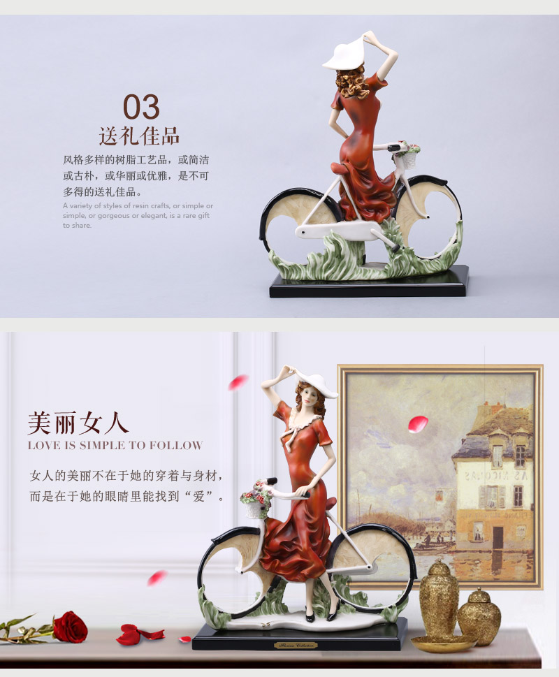 欧式简约红衣单车美女树脂摆件 可水洗不掉色装饰摆件 电视柜橱窗摆设工艺品 20814