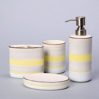 欧式卫浴用品陶瓷四件套摆件 白／黄简约创意条纹沐浴用品礼品套装沐浴瓶 MYXDLSTW