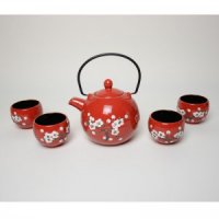 日式和风红釉白梅圆壶5件套陶瓷功夫茶具套装YGF-QXH-002