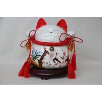 中式风水木底座吉祥如意陶瓷招财猫存钱罐A1001