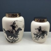 美式乡村古典龟裂骑马人图案陶瓷罐 工艺品家装饰储物罐摆件