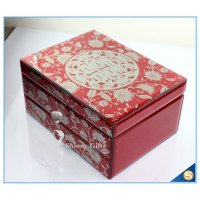 欧式婚礼赠品 喜庆家居用品玻璃首饰盒镀灰囍字红葱翻盖一抽珠宝盒 玻璃首饰盒