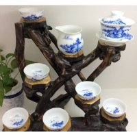 8头山水盖碗手绘青花瓷茶具套组