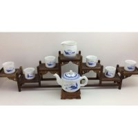 8头山水手绘青花玲珑瓷茶具