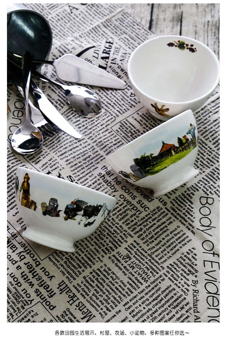 开利田园风光复古乡村风陶瓷碗小汤碗米饭碗甜品碗家用沙拉碗茶壶6
