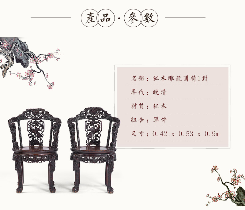 红木雕龙圆椅1对，晚清（不含税）2