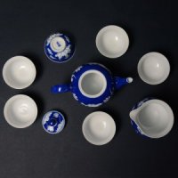 古隆 景德镇老陶整套茶具套装蓝地荷花 茶杯子 茶壶 礼品10002344