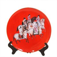 中式新古典 骑马图案红色做旧陶瓷盘 家居装饰摆件