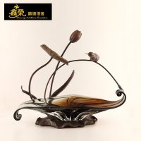 鑫荣 新古典家居装饰 创意优雅荷叶果盘纯铜水晶玻璃果盘工艺品