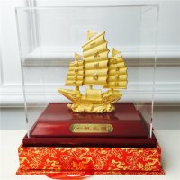 中式风水绒沙金工艺一帆风顺金帆船装饰摆件 生日贺寿喜庆婚宴礼物