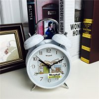 简约复古做旧白色静音床头打铃钟闹钟 桌面个性创意时钟