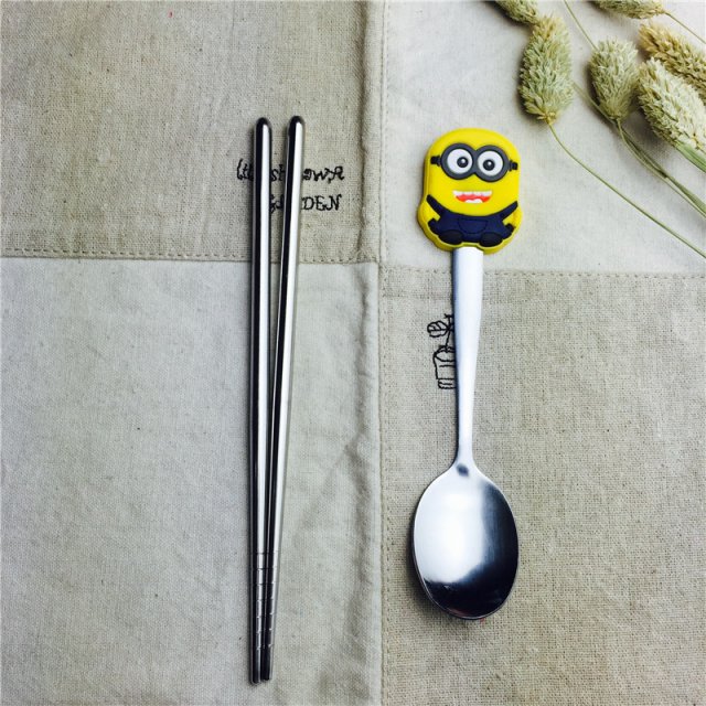 小黄人卡通不锈钢便携餐具筷勺套装筷子勺子实用便携儿童餐具