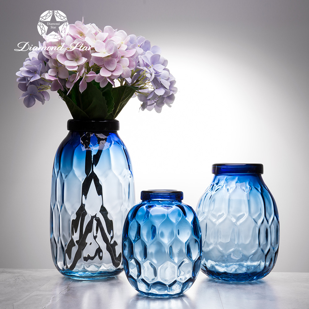 蓝色透明 六角格花纹大肚瓶 玻璃花盆花器时尚玻璃花瓶摆件1