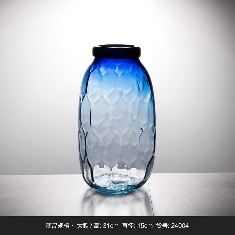 蓝色透明 六角格花纹大肚瓶 玻璃花盆花器时尚玻璃花瓶摆件2