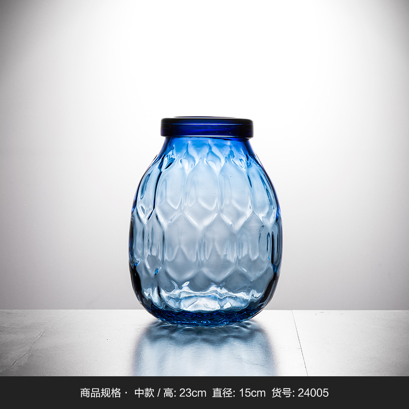 蓝色透明 六角格花纹大肚瓶 玻璃花盆花器时尚玻璃花瓶摆件3