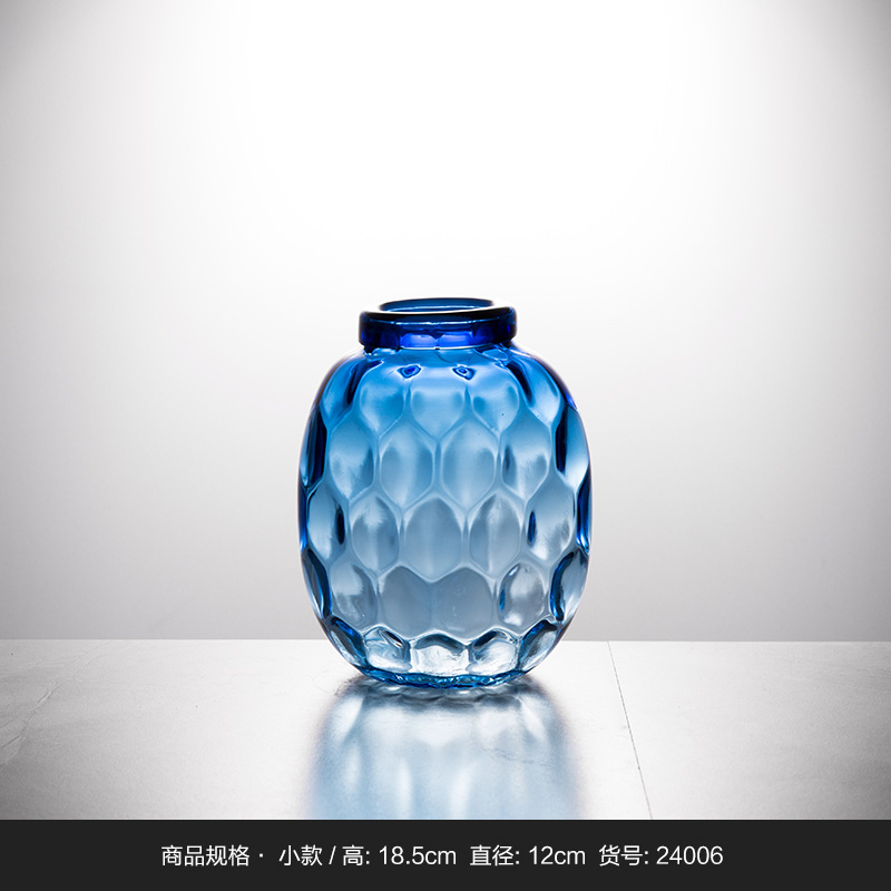蓝色透明 六角格花纹大肚瓶 玻璃花盆花器时尚玻璃花瓶摆件4