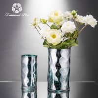 蓝色 菱凹纹圆瓶 玻璃花盆花器时尚玻璃花瓶摆件
