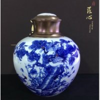 景德镇陶瓷茶具手绘一斤二两松鹤延年茶叶罐