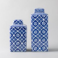 中式艺术青花 正方形瓶对称花纹储物罐套装 陶瓷罐2件套