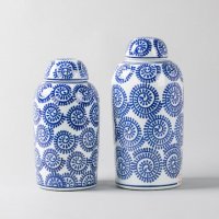 中式艺术青花 圆瓶螺旋花纹储物罐套装 陶瓷罐2件套