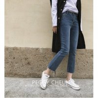 秋冬新款口袋拼色chic韩版修身显瘦小直筒弹力九分牛仔裤设计-牛仔蓝