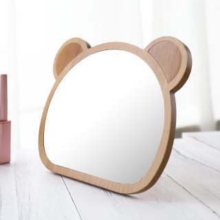 包包宝 原创设计可爱小熊头台式化妆镜 可调节角度高清木质台镜