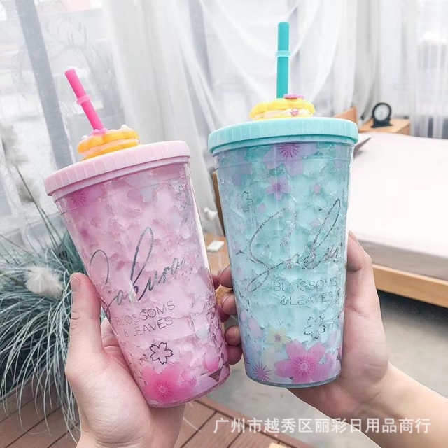 韩版创意网红夏日碎冰杯吸管双层塑料水杯可爱少女心学生制冷杯子