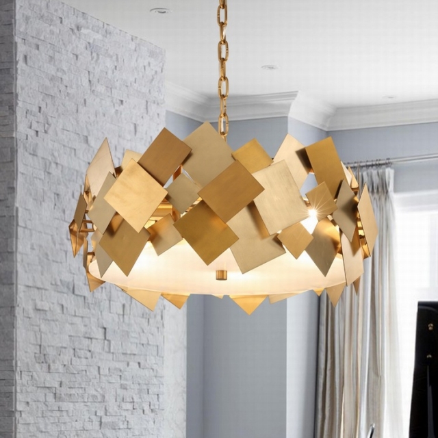 后现代古铜金轻奢方形金属片重叠圆形个性设计师卧室店面橱窗吊灯