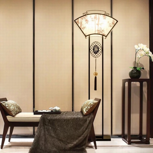 新中式铁艺布艺扇形创意竹子图案灯罩卧室茶室咖啡厅落地灯