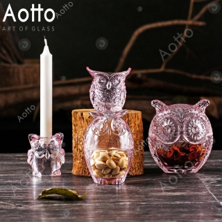 粉系猫头鹰玻璃烛台摆件水壶花瓶摆件工艺品 清新实用礼品套装