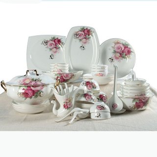 得意陶瓷中式骨瓷碗碟套装家用52头玫瑰情餐具