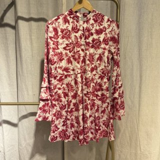 时尚女装酒红色长袖印花连衣裙
