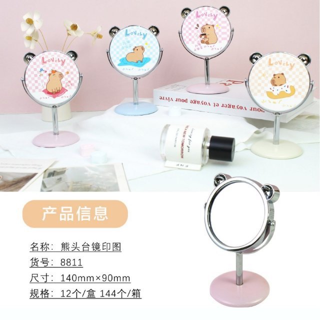 [胜雅] 新款熊头形状桌面台式单面镜PU皮镜动物卡通图案化妆镜台镜旋转镜